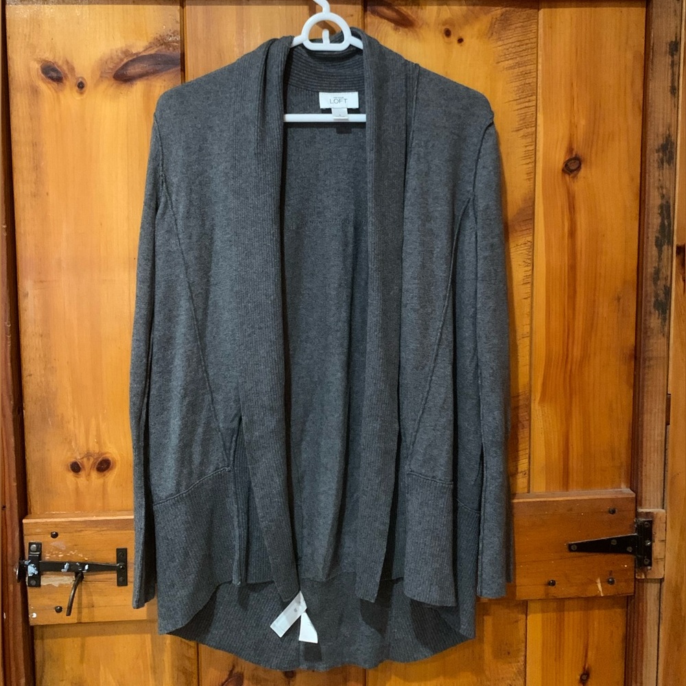 NWOT Loft Gray Open Front Long Line Exposed Seams Cardigan Cashmere Blend